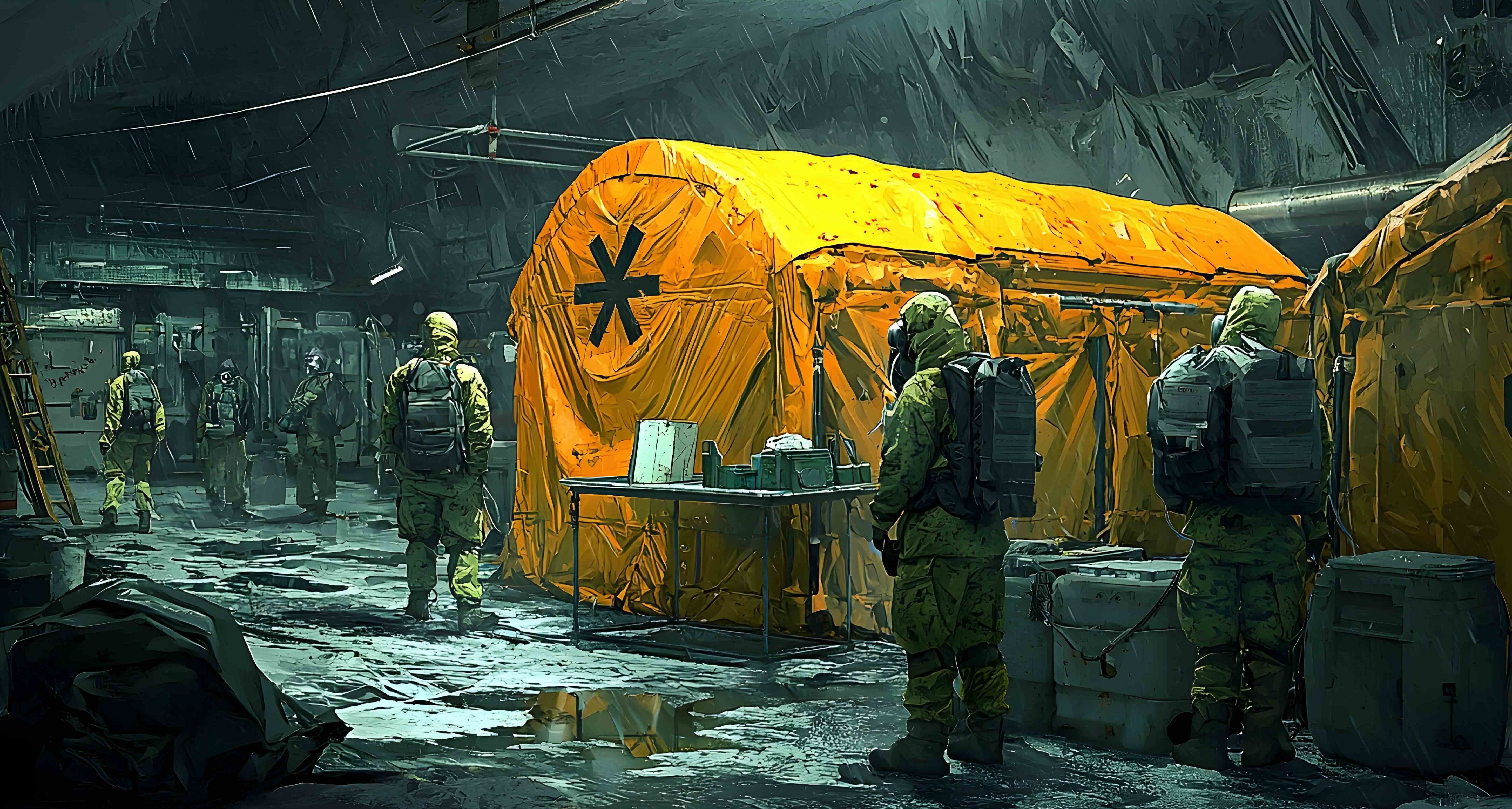 Concept art depicting a decontamination station set up to assist evacuees affected by a radiation exposure incident The scene shows a secure controlled environment with hazmat suits
